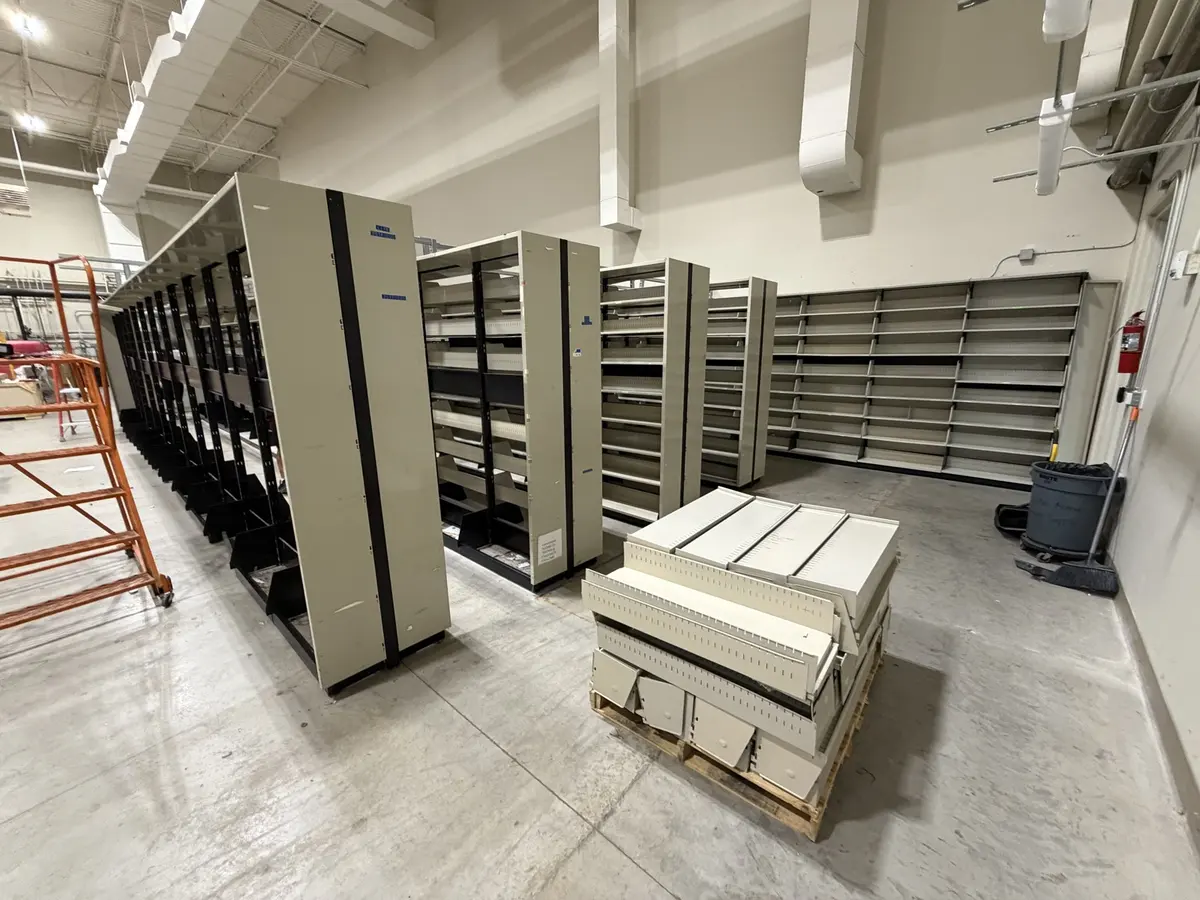 Warehouse racking staged during a decommission