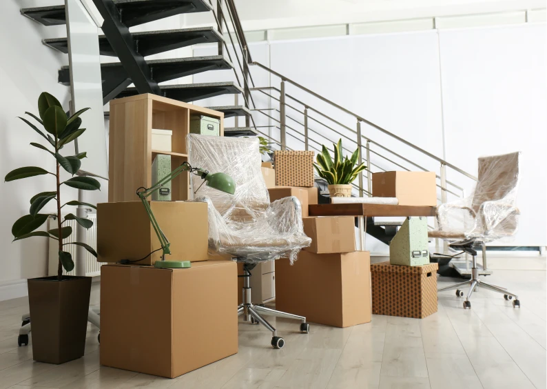 Office furniture packed for moving