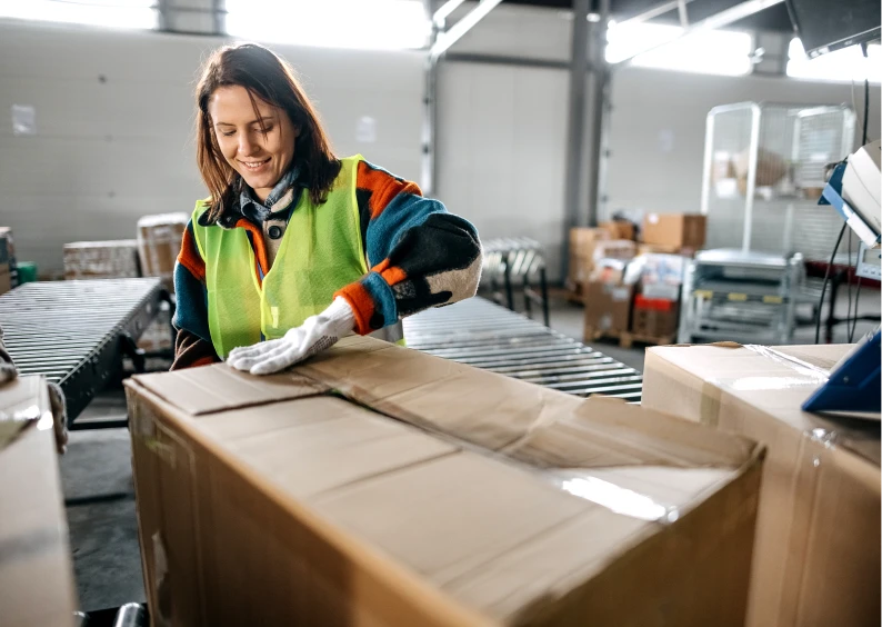 Worker handling packages on conveyor belt