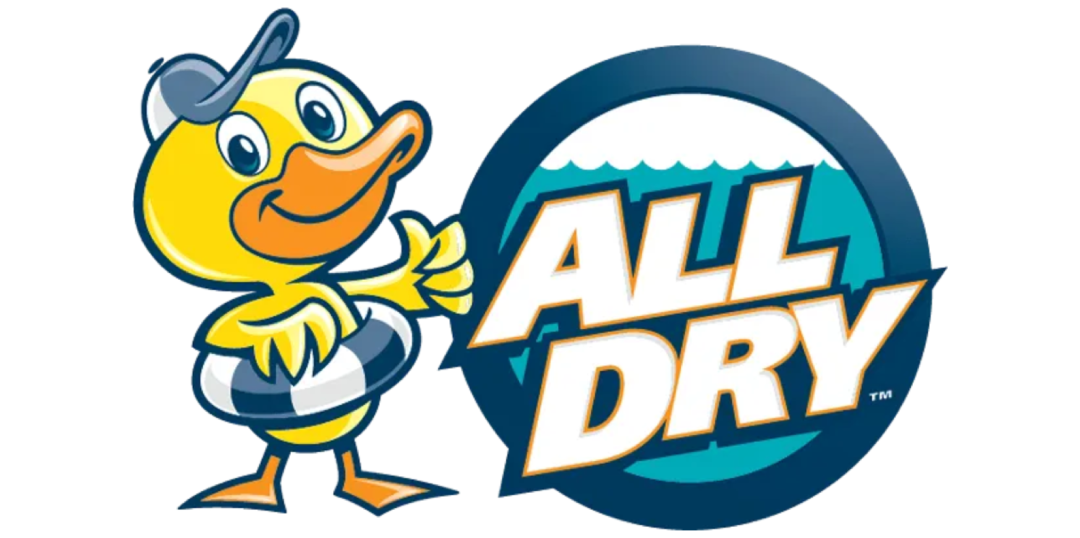 Cartoon duck mascot next to 'All Dry' logo with water splash.