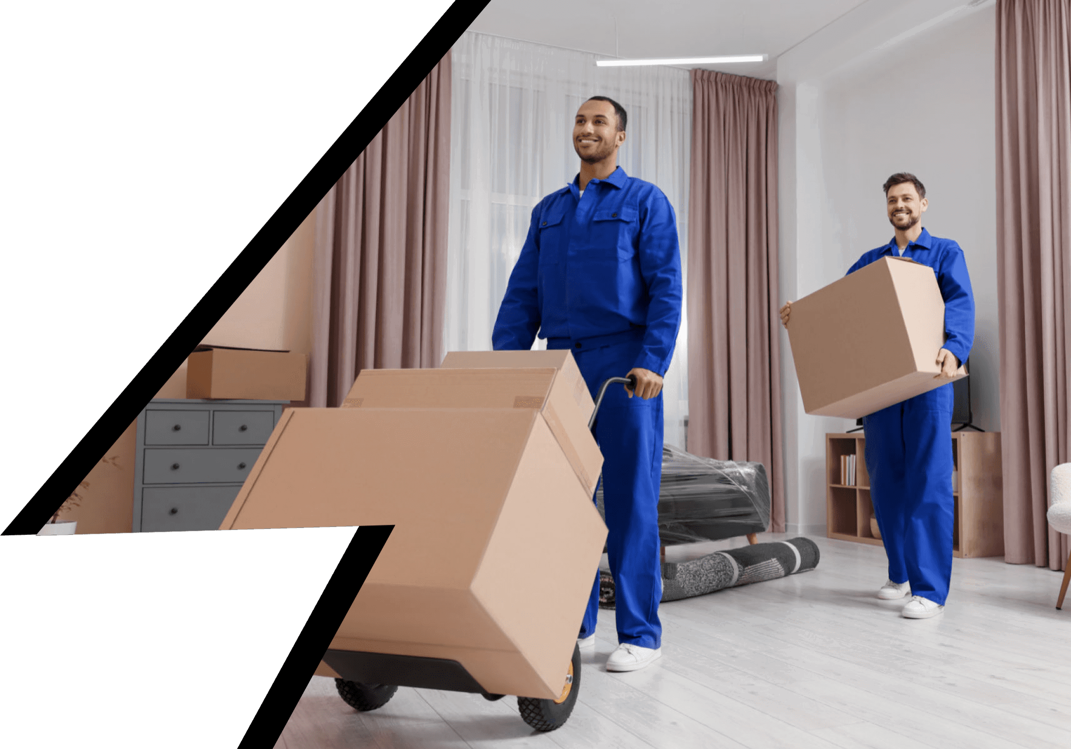 Professional movers transporting cardboard boxes